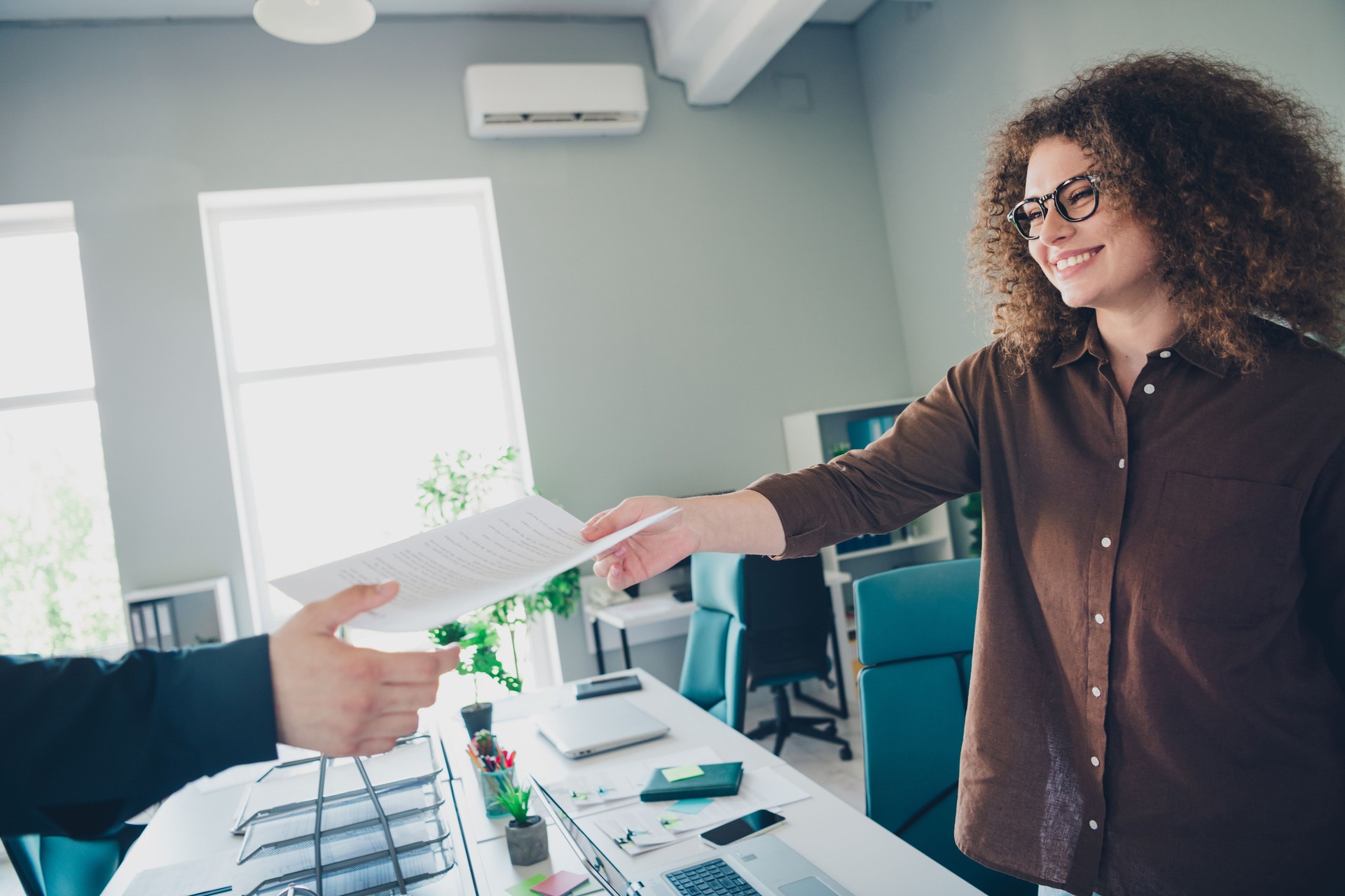 Photo of nice charming successful woman working with partners sharing an important document office indoors